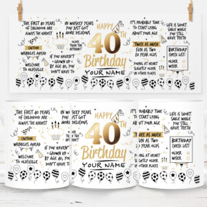 40th Birthday White ceramic mug featuring funny 40th birthday quotes, gold-effect “Happy 40th Birthday” text, balloons, stars and custom name option.