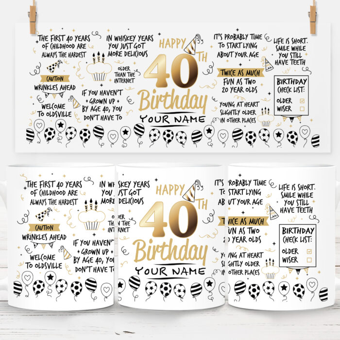 40th Birthday White ceramic mug featuring funny 40th birthday quotes, gold-effect “Happy 40th Birthday” text, balloons, stars and custom name option.
