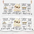 White ceramic mug featuring funny 50th birthday quotes, gold-effect “Happy 50th Birthday” text, balloons, stars and an optional personalised name.
