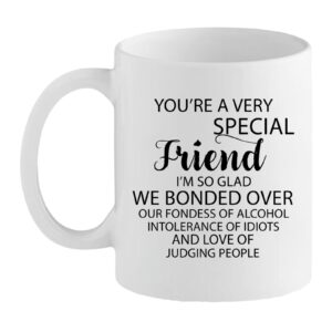 Best Friends 2 White mug with bold black text reading “You’re a very special friend… we bonded over alcohol, intolerance of idiots and judging people.”
